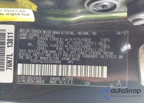 2012 Toyota Sequoia Platinum 5.7L V8 z USA, uszkodzony, nr VIN 5TDYY5G15CS040888